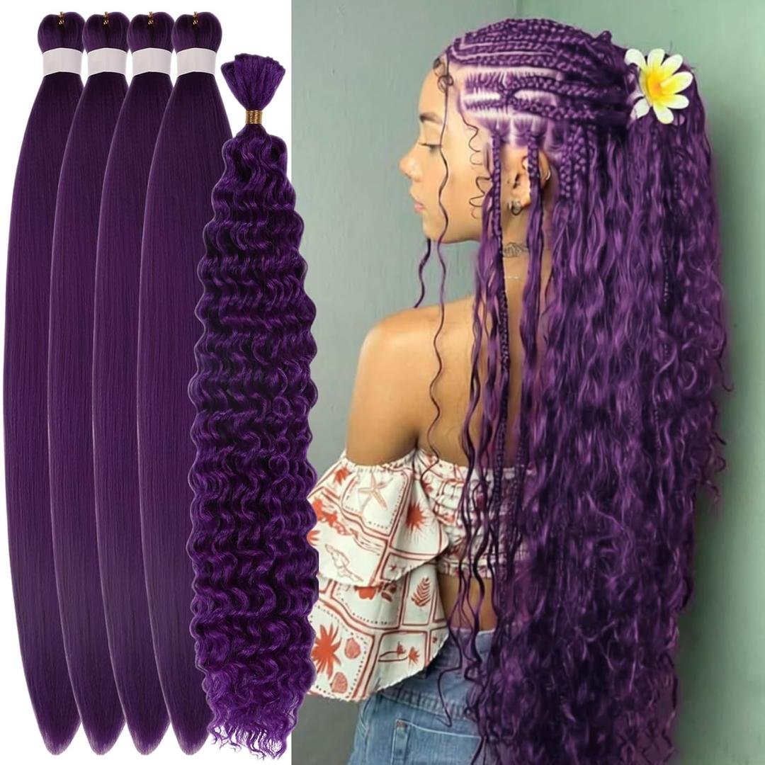 Purple Braiding Hair Extensions Prestretched Synthetic Curly Deep Wave for Knotless Fulani Braids Hypoallergenic Non Toxic EZ Braid (26 Inch)
