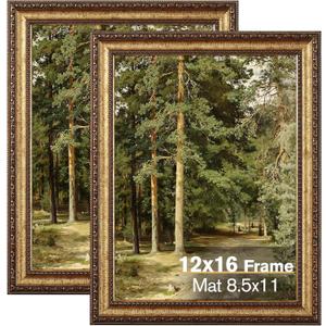 12x16 Gold Picture Frame, 2 Pack Ornate Vintage Picture Frames for Wall or Tabletop Display, 12x16 Photo Frame Gold with Real Glass, Display Poster 8.5x11 with Mat or 12 x 16 without Mat for Antique Dco