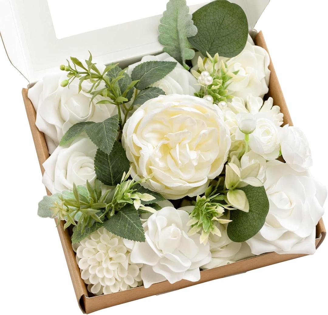 Ling's Moment Fake Flowers Box, Artificial Faux Greenery Stems Silk Peony Foam Gardenia for Wedding Decor Centerpieces Table Decorations Floral Picks Arrangements, White & Sage, Mini Combo