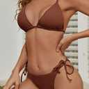Zuvebamyo Women's Two Piece Bikini Swimsuit Sexy Ribbed Triangle Top Bathing Suits String Cheeky Bikini Sets (Brown, S)