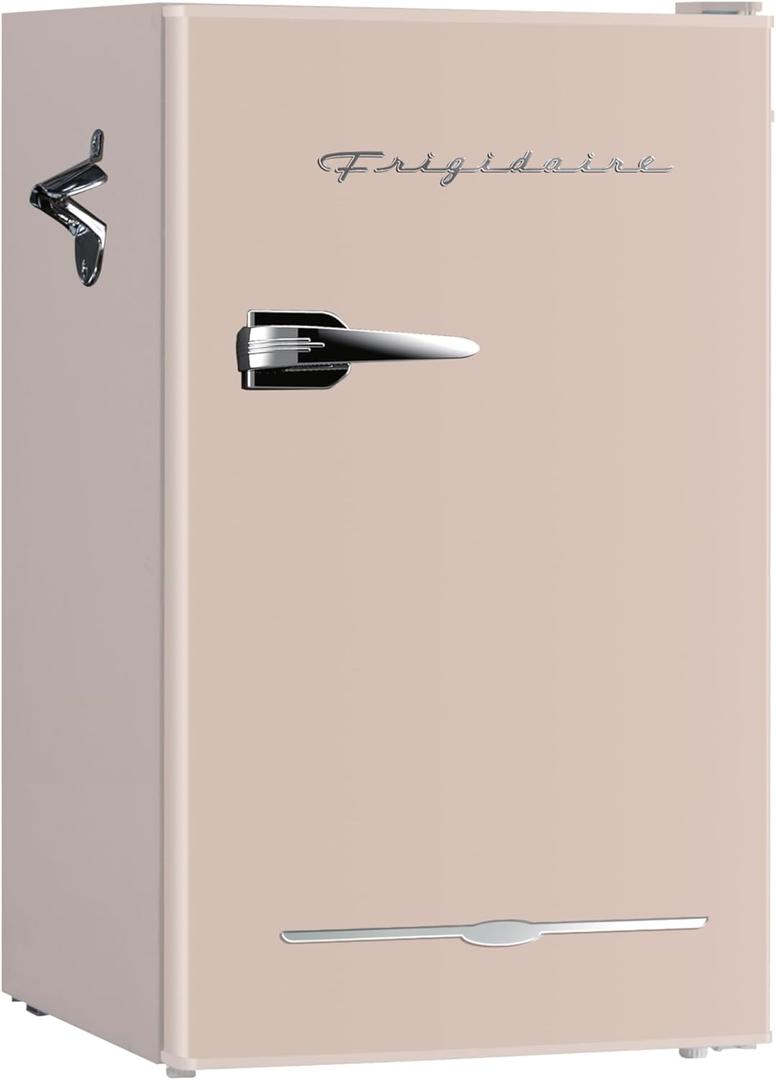 Frigidaire Retro Compact Fridge with Chiller, 3.2 cu ft Countertop Fridge with Built-In Bottle Opener, Compact Refrigerator for Office, Bedroom, Dorm Room or Cabin - 16.5" D x 19" W x 31" H (Coral) (Pink)