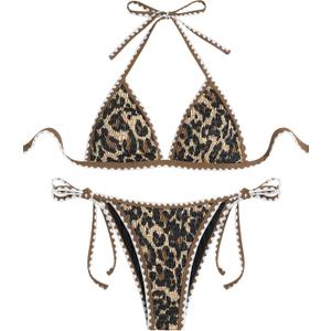 ZAFUL Women Triangle Bikini Sets Sexy Two Piece Swimsuit Halter V Neck String Bathing Suits Tie Side Swimwear 2025 (Small, Leopard)