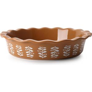 Sweese Porcelain Deep Fluted Pie Dish for Baking - 9 inch Porcelain Pie Plate for Apple, Quiche, Pot Pies, Tart - Leaf - Brown