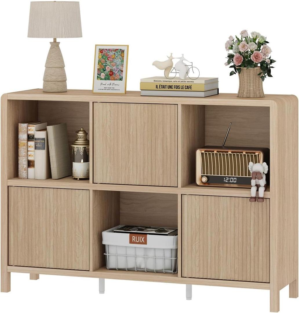 FATORRI 6 Cube Horizontal Bookshelf with 3 Doors, Modern Wood Book Shelf with Storage, Low Cubby Bookcase for Home Office (Light Walnut)