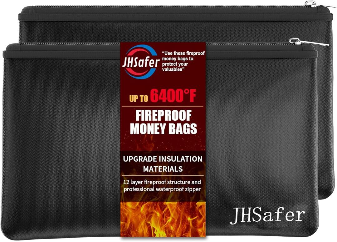 6400 Fireproof and Waterproof Money Bags 2pcs with Zipper,11''x6.3'' Fireproof Cash Bag with Zipper,Fireproof Wallet Envelope Safe Pouch Fireproof Bags for Cash Passports Keys Jewellery(Black)