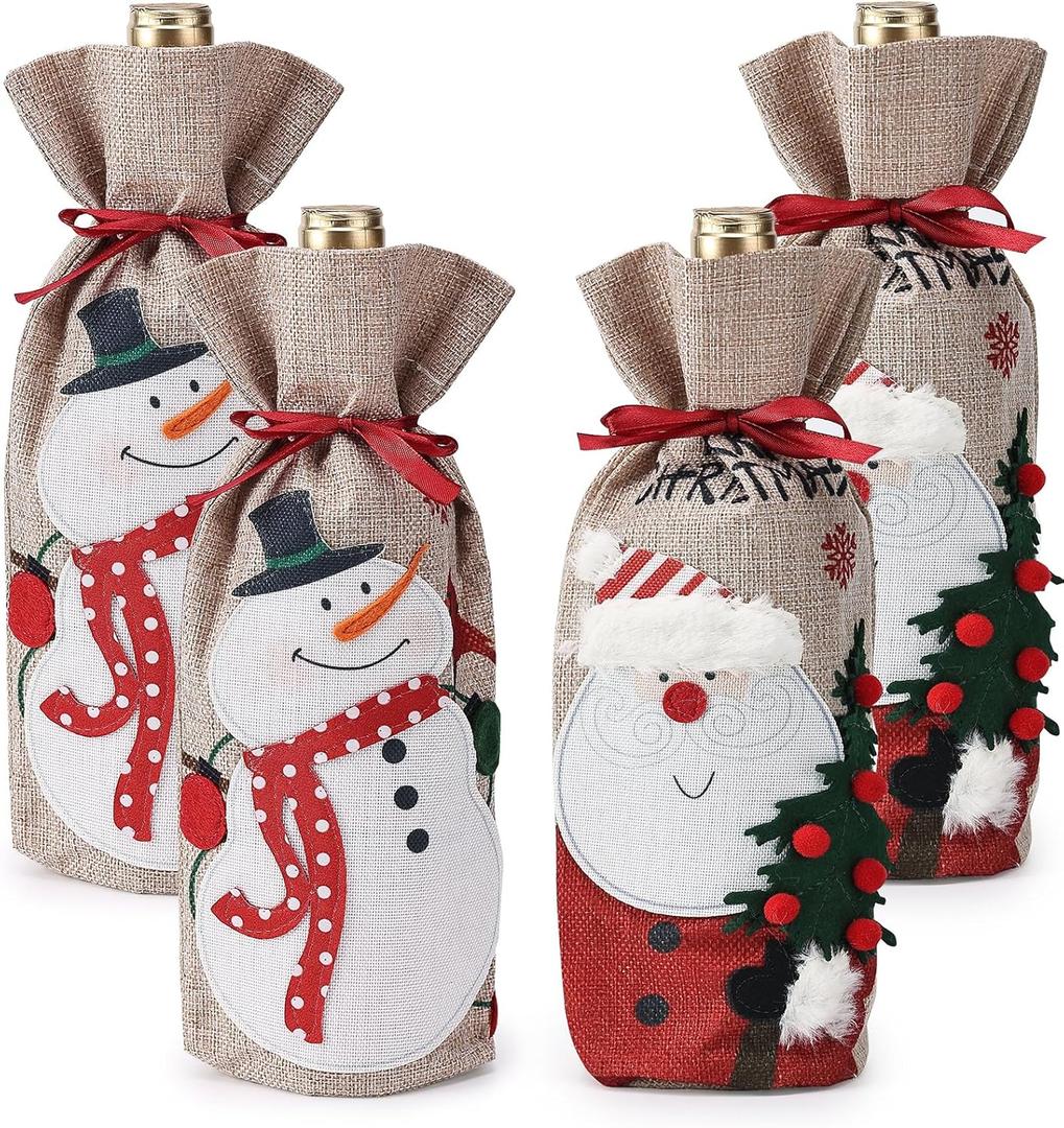 Mr. Pen- Christmas Wine Bottle Bags, 13" x 5.5", 4 Pack, Burlap Wine Bottle Covers with Drawstring, Reusable Holiday Gift Bags for Christmas Parties, Host Gifts, Dinner Gifts & Festive Table Dcor
