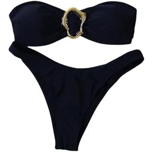 SHENHE Women's 2 Piece Strapless Swimsuits High Cut Metal Ring Tube Top Bandeau Bikini Set, Size L