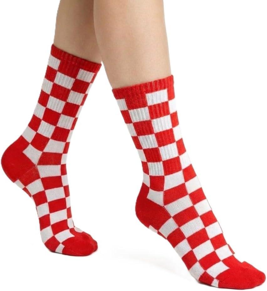 COUVER Womens Checkerboard Crew Socks Fashion Casual Dress Socks Size, 9-11, 1 Pair (Red)