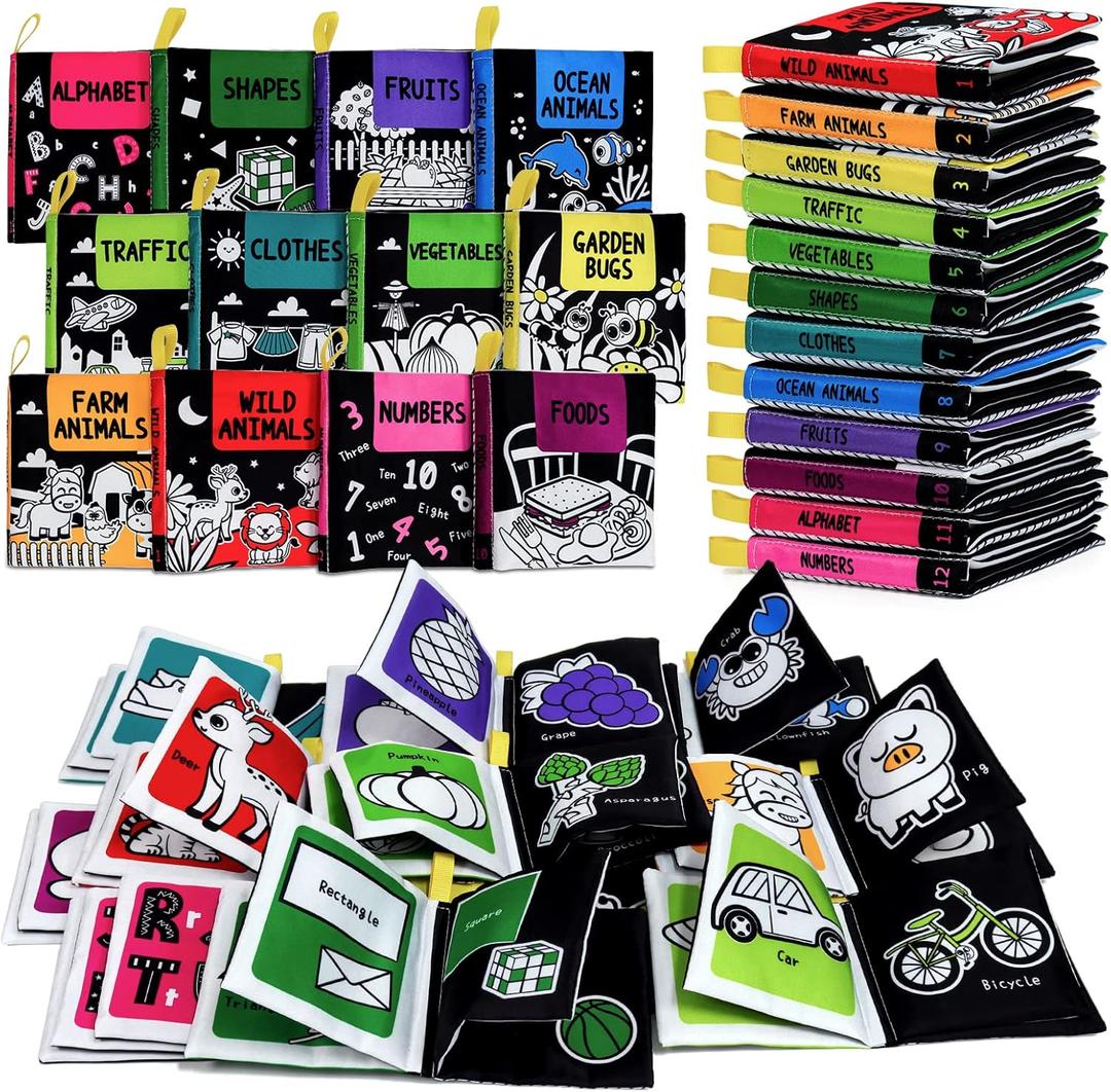 OKOOKO 12PCS Soft Baby Books Black and White High Contrast Soft Cloth Bath Books Crinkle Washable Non-Toxic Early Education Preschool Learning Toy for Newborns Babies Infants Toddlers Kids