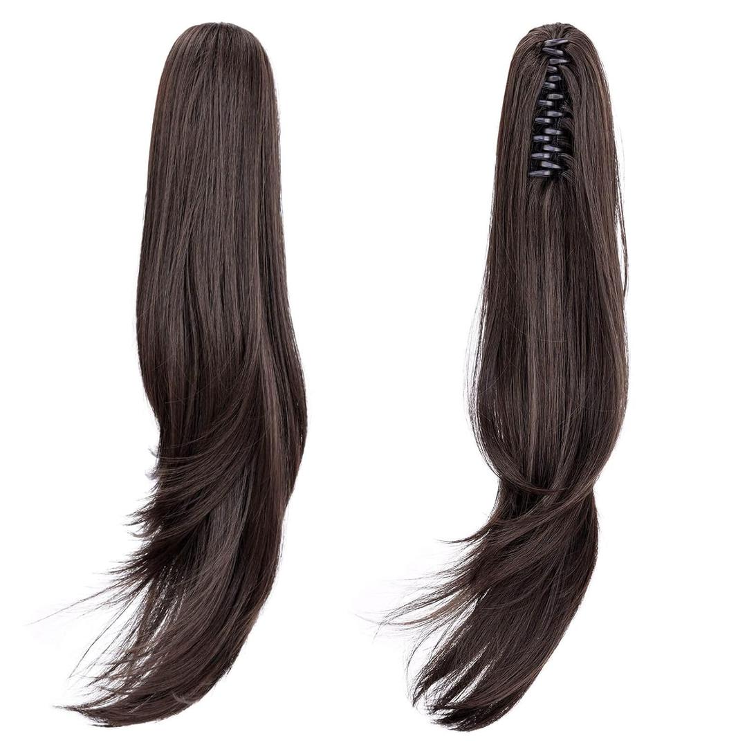 Black Hair Extension Ponytail 22" Long Claw Hair Extension Synthetic Wavy Straight Ponytail Clip in Wig Daily Fluffy Pony Tail for Women, 4.8 OZ, Darkest Brown