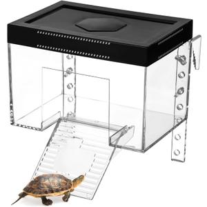 Tortoise Sunshine Warm Room, Elevated Transparent Turtle Basking Platform with Ramp & Lid, Adjustable Height, Small Turtle Habitat with Reserved Hole for Hex Basking Lamp (Small)
