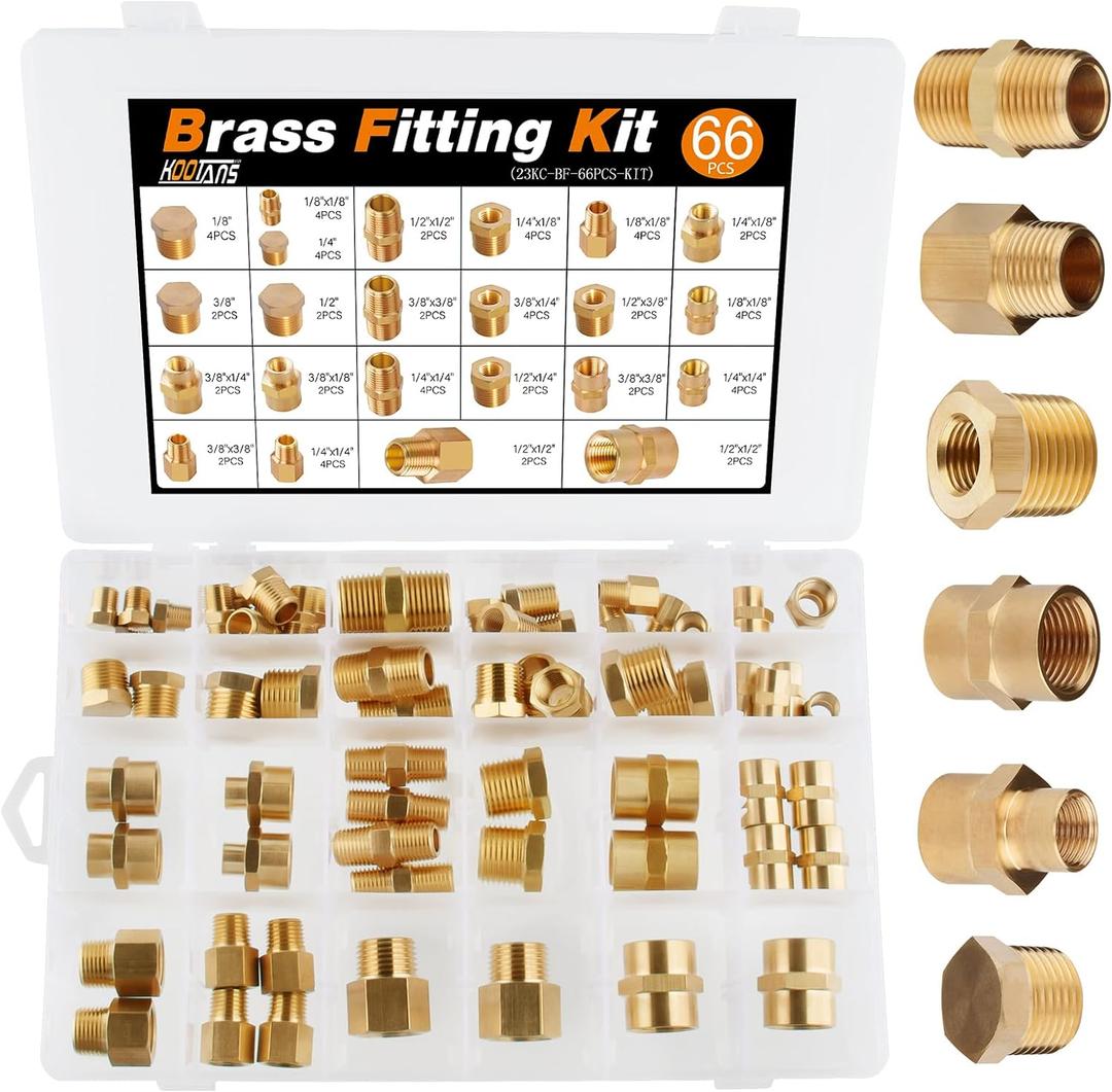 KOOTANS 66pcs Brass Pipe Fittings Assortment NPT Adapter Fitting, Reducer Bushing, Hex Nipple, Reducing Hex Coupling, Pipe Head Brass Plug Kit