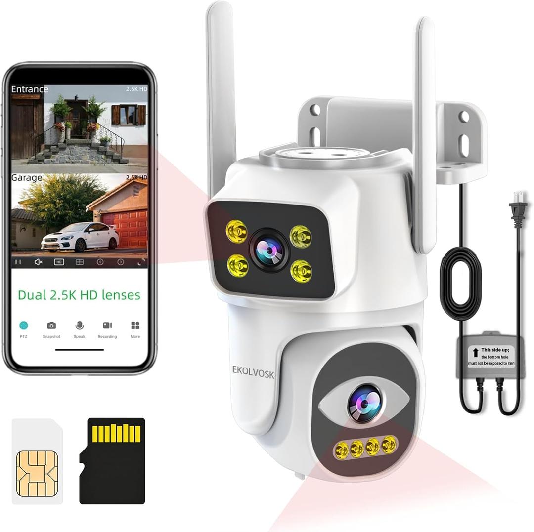 Dual-Lens 4G Cameras for Home Security, Pan/Tilt SmartSecurity Camera-Outdoor/Indoor, Color Night Vision,MotionTracking,24/7 Recording,2-Way Audio & Siren,IP65,SD/Cloud Storage