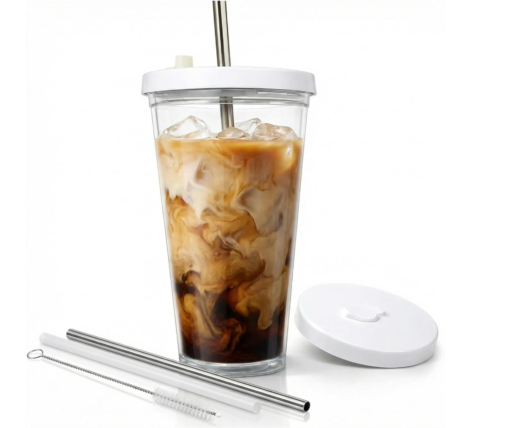 SEFAONUR Reusable Iced Coffee Cup 16 oz, Iced Coffee Tumbler with Lid and Straw, Clear Plastic Tumbler, Leakproof, Double Wall Insulated, BPA Free, Shatter Resistant
