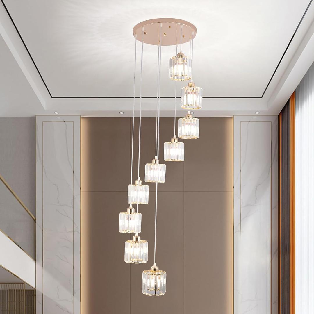High Ceilings Long Chandeliers Modern Crystal Pendant Light Raindrop Drop Lamp Hanging Chandeliers Flush Mount Lighting Fixtures for Staircase Foyer Entryway Gold 9 Lights, large