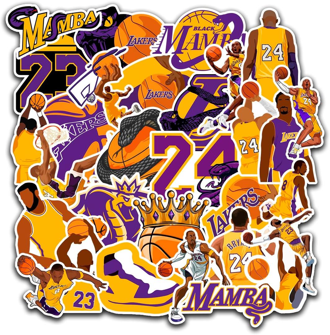 30 PCS Los Angeles Vinyl Lakers Basketball Star Stickers for Water Bottle, Laptop, Bicycle, Computer, Motorcycle, Travel Case, Car Decal Decoration Sticker Graffiti Decals
