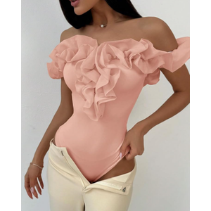 OYOANGLE Women's Off Shoulder Mesh Ruffle Trim Bodysuit Party Thong Body Suit Tops, Peach, M