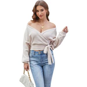 SweatyRocks Women's Wrap Off Shoulder V Neck Sweater Sexy Crop Cinched Waist Long Sleeve Knit Sweaters Top (Large, Beige)