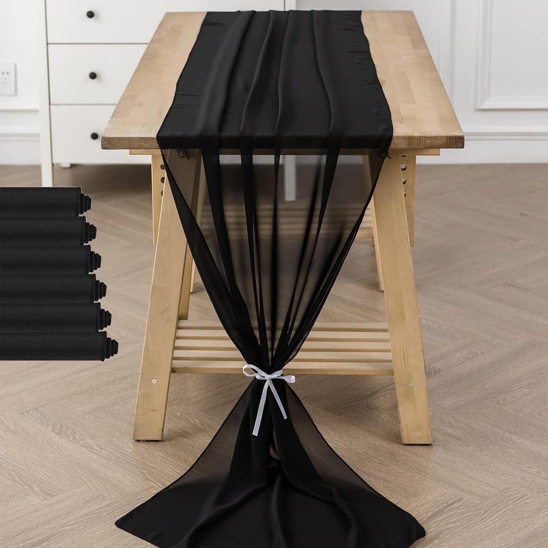 6Pack 10ft Chiffon Table Runner 29x120 Inch Sheer Romantic Table Runner for Wedding Birthday Party Bridal Shower Outdoor Decoration-Black