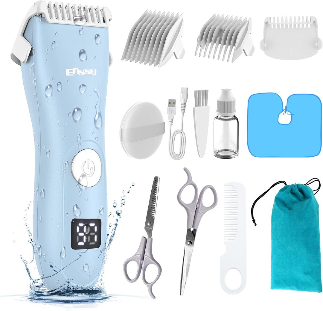 Baby Hair Clippers, Professional Quiet Hair Trimmer for Kids and Toddler, Waterproof & Rechargeable Cordless Hair Cutting Machine for Children, with LCD Display (Blue)