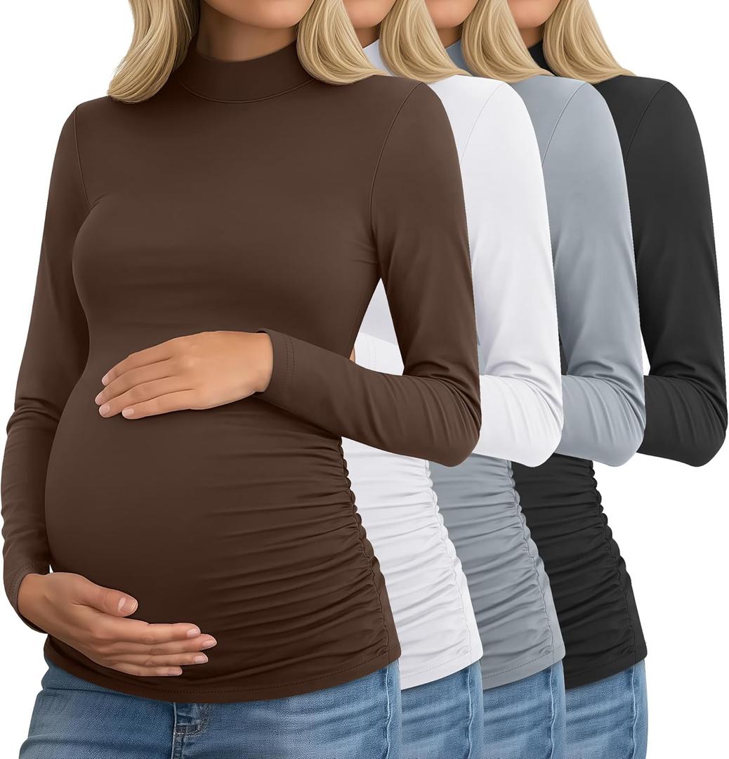 Riyiper 4 Pack Women's Maternity Turtleneck Shirts Long Sleeve Pregnancy Tops Ruched Sides Pregnant Tees Mama Clothes (Medium, Black, Light Heather Gray, White, Coffee)