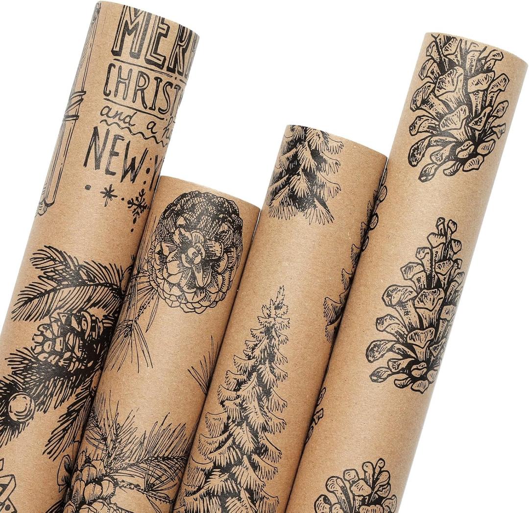 YANGTE Vintage Christmas Wrapping Paper Rolls, Brown & Black Wrapping Paper Christmas with Twine and Greeting Cards, 4 Rolls Holiday Gift Wrapping Paper, 17 x 120 inch per Roll