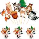 24pcs Woodland Animals Cake Topper, Baby Shower Decorations, Double-Sided Printed Forest Friends Centerpiece Sticks for Wild One Camping Party Supplies
