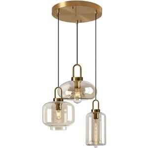 3-Light Amber Glass Pendant Lights Rustic Farmhouse Ceiling Light Fixture for Kitchen Island, Dining Room, or Living Room Large Multi-Shape Hanging Light (Heteromorphic)