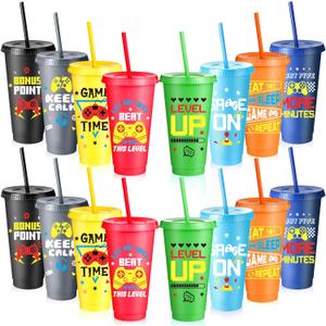 16 Pcs Video Game Party Supplies Gaming Plastic Cups with Lids and Straws Gamer Reusable Tumbler for Fun Video Birthday Party Favor (Colorful)