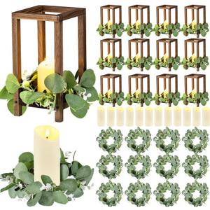 Geelin 12 Set 10.59'' Brown Wooden Lanterns for Wedding Centerpieces Include 12 Wooden Lantern 12 LED Candle 12 Eucalyptus Leaves Wreath for Wedding Baby Shower Farmhouse Rustic Table Decor