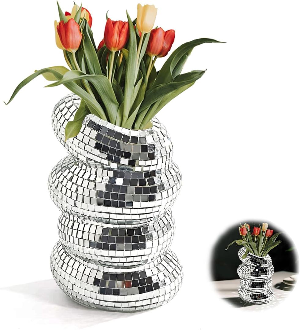 1Pcs Disco Ball Vase, Silver Mirror Finish Disco Ball Planter, Home Living Room Balcony Study Desk Party Decor. (Moderate)