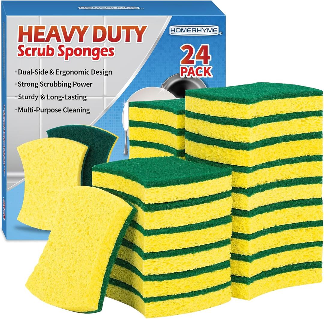 HOMERHYME Heavy Duty Scrub Sponge 24 Pack, Eco Cellulose Kitchen Dish Sponge Multipurpose Ergonomic for Washing Dishes, Uncoated Cookware & Household Cleaning. (Green/Yellow)