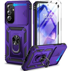 2 x BaHaHoues for Samsung Galaxy A35 5G Case with Screen Protector & Slide Camera Lens Cover, Built-in 360 Rotate Magnetic Ring Stand, Shockproof Protective Phone Case for Samsung A35 5G (Purple)