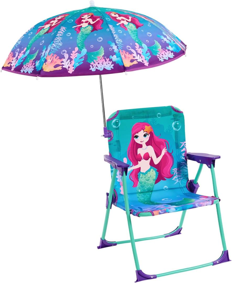 WERNNSAI Kids Beach Chair with Umbrella, Toddler Outdoor Folding Camping Chair with Sun Shade for Beach Pool Travel Picnic (Mermaid)