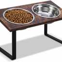 Elevated Dog Bowl Stand for Medium and Large Dogs, MDF Raised Dog Feeder with 2 Stainless Steel Bowls, Tilted Dog Food and Water Dish Set, Wooden Pet Feeding Station (Black)