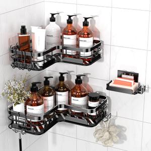 GETSRICHFC Corner Shower Caddy Organizer, 3-Pack Self-Adhesive Rustproof Bath Shelves with Soap Holder & 4 Hooks, Large Capacity Shower Storage Rack for Bathroom Organization, Black