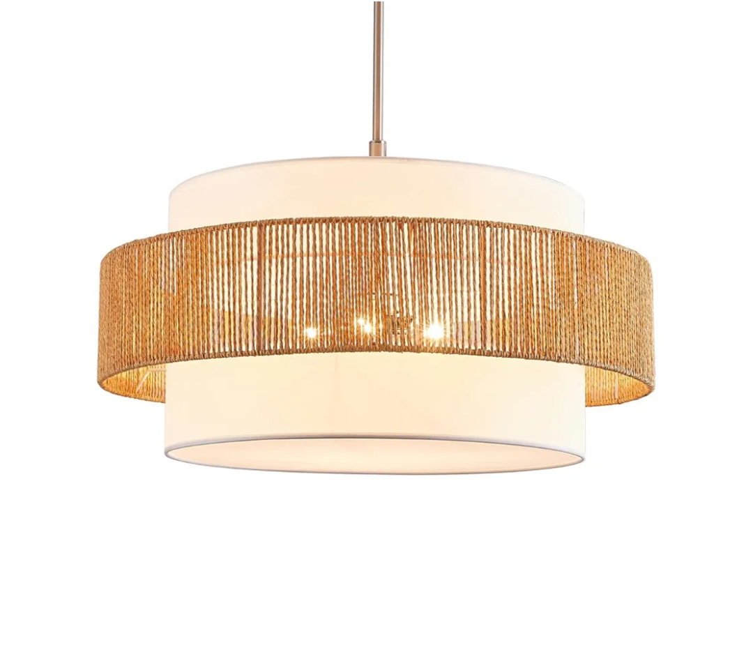 24'' Rattan Large Drum Chandeliers Light Fixtures,5 Light Boho Pendant Light Farmhouse Rustic Hand Woven Lighting for Dining Room Kitchen Island Living Room Bedroom,Brushed Nickel Finish Metal