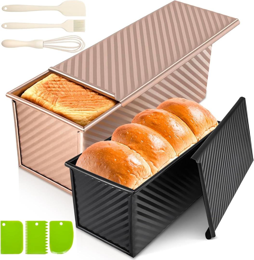 Dipanist 2Pack Pullman Loaf Pans with Lids  2.2 LB & 1 LB Dough Capacity, Non-Stick Carbon Steel Bread Pans for Homemade Sandwich and Sourdough Bread, Corrugated Toast Mold (Gold & Black)