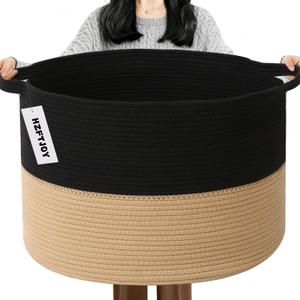 115L Extra Large Blanket Basket,Woven Rope Laundry Basket Hamper with Handles, Decorative Nursery Basket Storage Bin for Toys, Clothes Organizer, Living Room, Bedroom, Bathroom, Black&Camel
