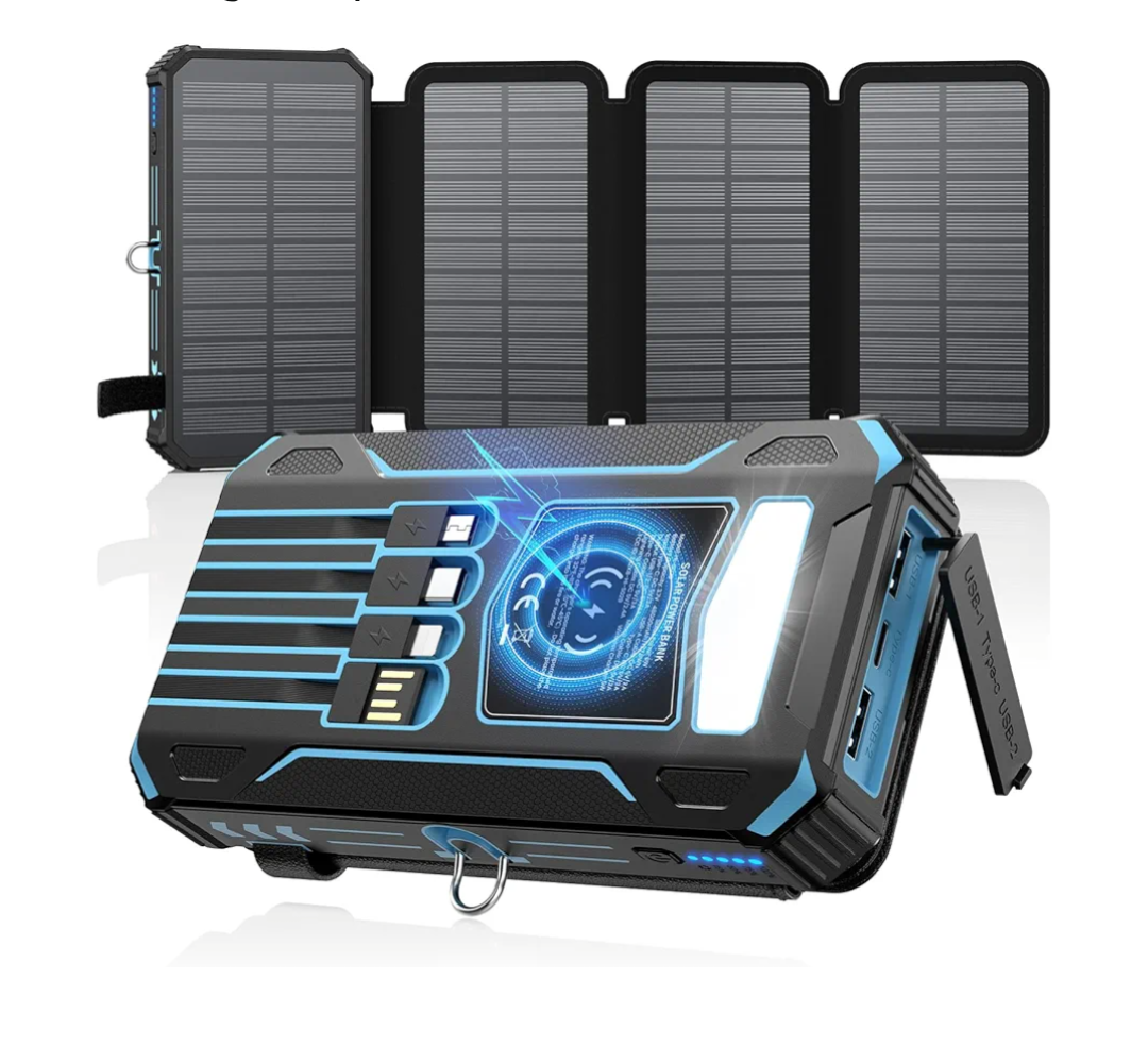 Solar Charger Power Bank - 48000mAh Wireless Portable Charger Built-in 4 Cables and 4 Solar Panels, PD QC 3.0 Fast Charging USB C Battery Pack with Flashlight for Camping Travel (Blue)