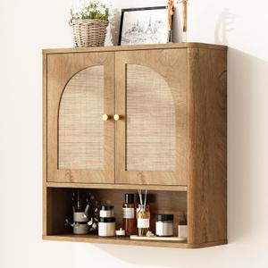 RUSTOWN Rattan Bathroom Wall Cabinet, Over The Toilet Storage Cabinets with 2 Arched Doors, Modern Medicine Cabinet with Adjustable Shelf & Rounded Edges, Mid-Century Bathroom Organization, Large