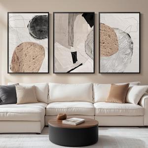 Large Framed Neutral Abstract Wall Art for Living Room, Set of 3 Piece Modern Wabi Sabi Art Beige and Black Canvas Artwork for Walls, Contemporary Minimalist Geometric Painting Prints 24x36 Inch (Stone Shape)