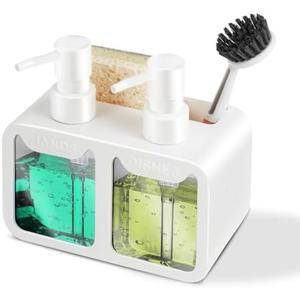 Kitchen Soap Dispenser Set, with Hand and Dish Soap, Sponge Caddy and Brush Holder 4-in-1 Kitchen Dual Soap Dispenser Set for Kitchen Sink, Bathroom - White
