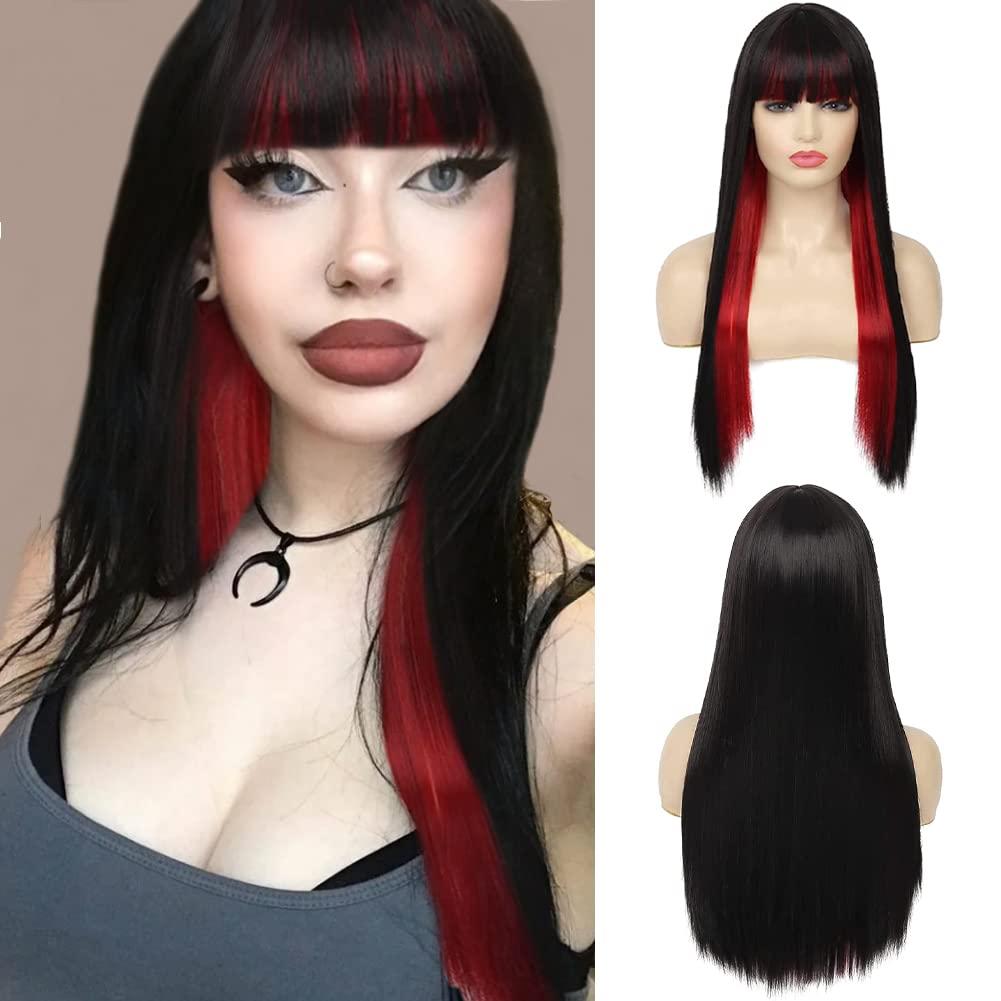 Swiking Long Black Mix Red Wigs with Bangs for Women Straight Two Tone Synthetic Wig for Cosplay Halloween Party