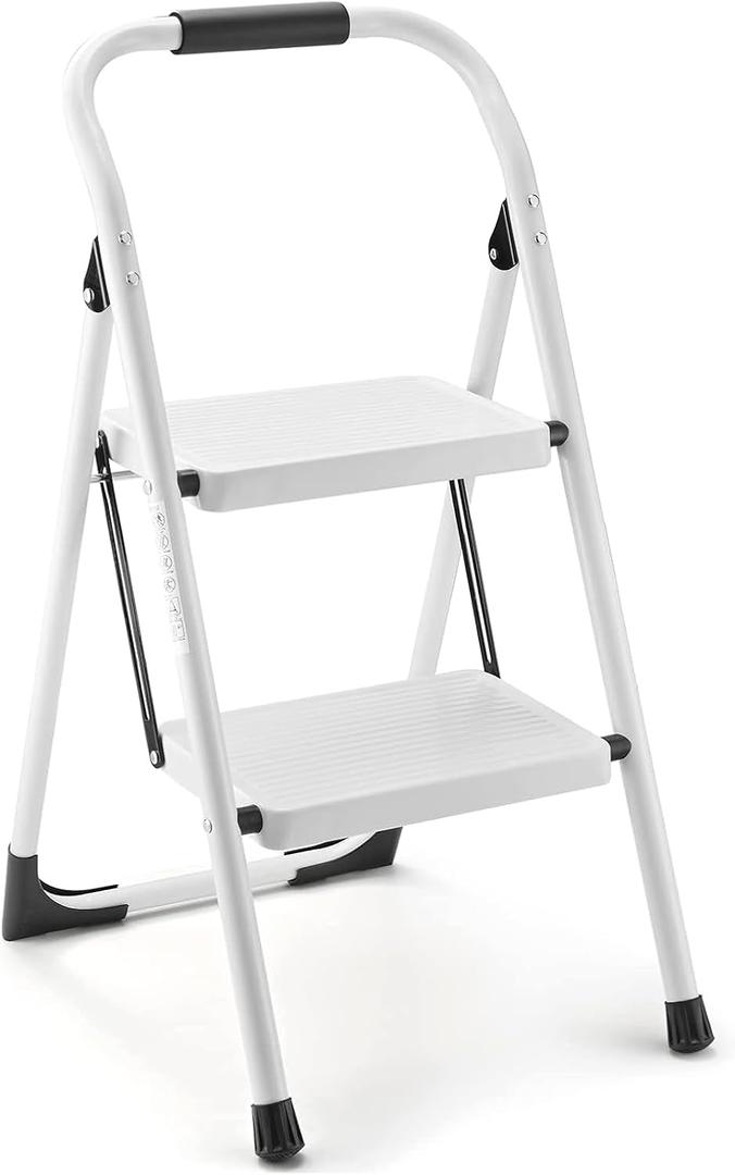 Step Stool for Adults,2 Step Ladder Folding 330lbs Anti Slip Step Stool,Foldable Ergonomic 2 Steel Stool with Wide Pedal for Home, Kitchen, Office (White)