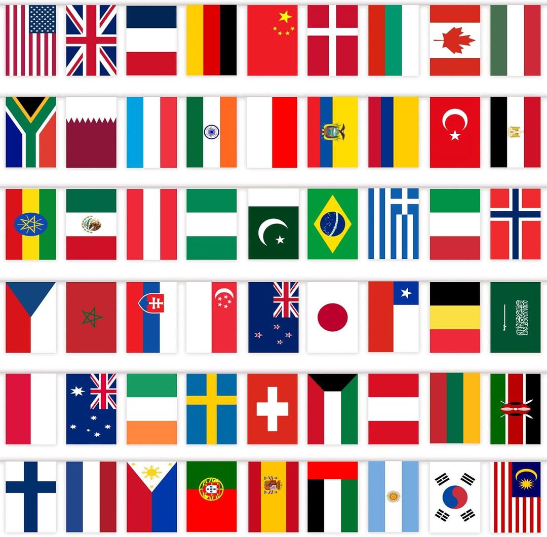 Flag Banner for Beer Olympics Decorations, Flag Bunting for Special Olympics Party Decorations, 50 Countries Bunting Flags, 50 ft/15 m, International Flags for School, Office, Stadium Decor