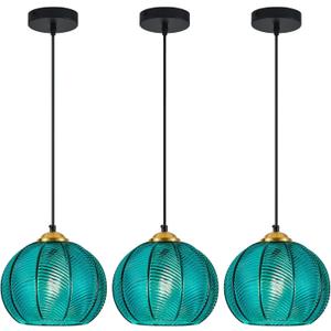Cyan Blue Glass Pendant Lights Kitchen Island 3 Pack 7.87 in Hand Blown Glass Globe Pendant Light Fixtures Modern Pendant Lighting for Kitchen Island Bedroom Dining Room