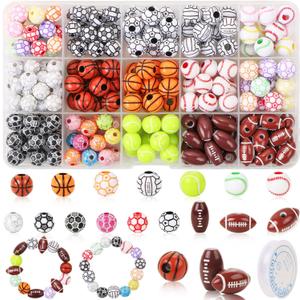 200 Pcs Sports Ball Beads for DIY Jewelry Making, Acrylic Tiny Baseball Basketball Soccer Football Volleyball Beads for Bracelets Keychains Necklaces Crafting Sports with Box