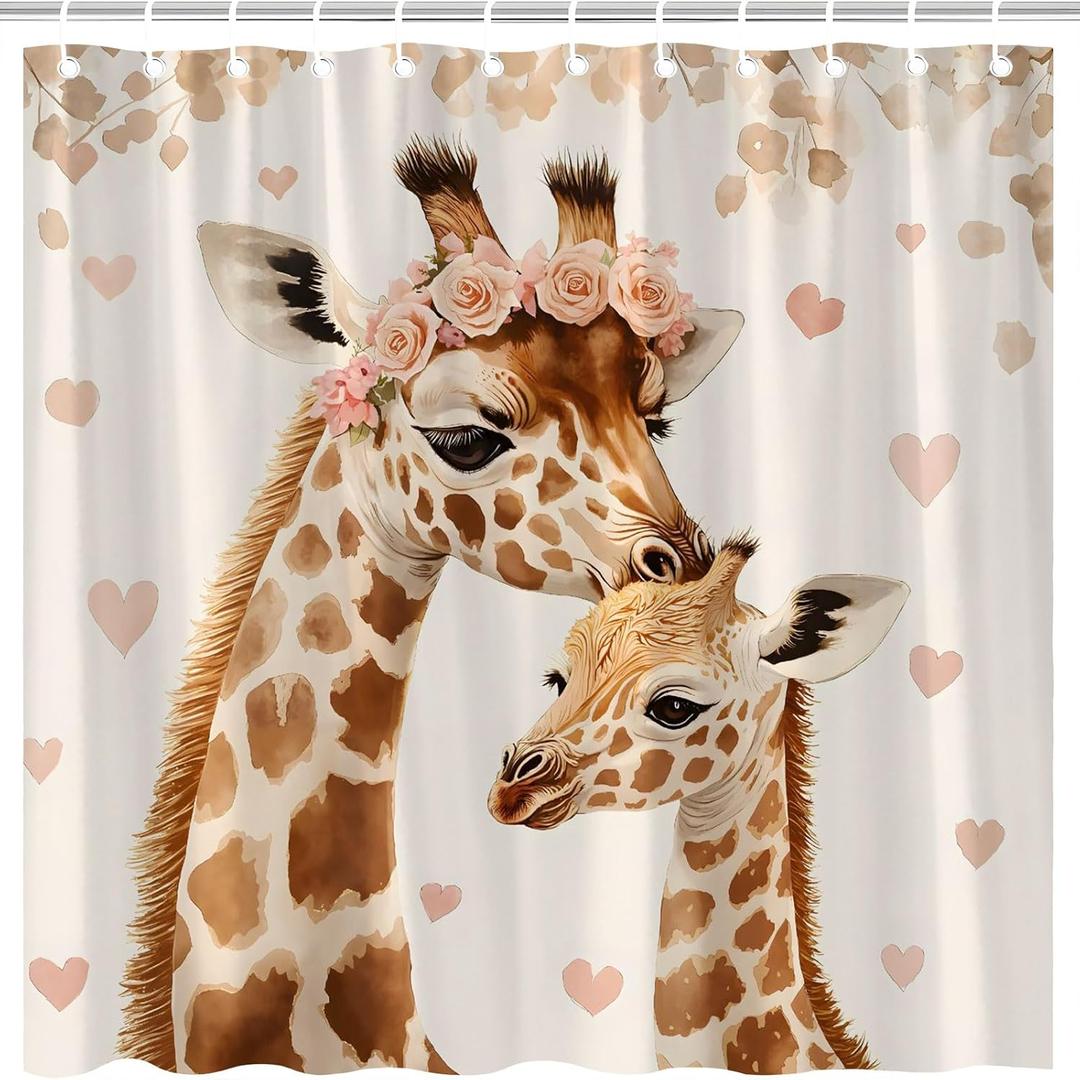 Funny Giraffe Shower Curtain Watercolor Tropical African Wildlife Safari Giraffe Forest Animal Love Heart Mother's Day Family Brown Bathroom Decor Fabric Curtain with Hooks 70X70Inch