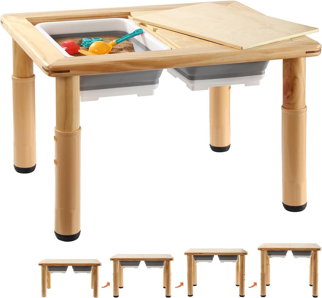 FUNLIO Wooden Sensory Table with 2 Bins for Toddlers 1-5, 4-Level Height Adjustable Kids Activity Table with Anti-Warping Plywood Lid, Indoor/Outdoor Play Sand and Water Table, CPC Certified (-Plasticleg)